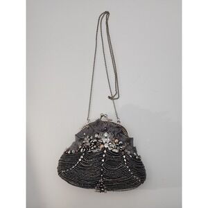 Vintage grey silver Mary Frances rhinestone beaded evening purse